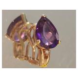 14K Yellow Gold Amethyst Teardrop  Clipon Earrings