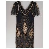 Gold Beaded Black Flapper Cocktail Dress ~ size S