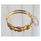 14K Yellow Gold Bangle Bracelet with Diamond and Garnet Florettes ~ 10g
