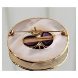14K Yellow Gold MOP Jeweled Brooch Pin