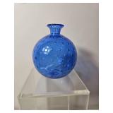 Artist-Signed Murano Art Glass Vase Blue Bullicante