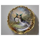 French Limoges Hand-Painted Charger with Blue Jays, Signed Dubois
