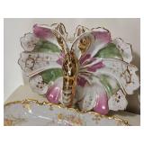 European Porcelain Serving & Decorative Lot * Butterfly Dish, Floral Limoges & Gilt Serving Pieces