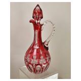 Cranberry Cut Glass Decanter with Faceted Stopper