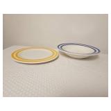 Tre Ci Italian Ironstone Dinner Plates and Pasta Bowls with Blue and Yellow Double Stripe