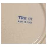 Tre Ci Italian Ironstone Dinner Plates and Pasta Bowls with Blue and Yellow Double Stripe