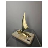Mid Century Bijan Brass Sailboat Sculpture on Faux Marble Base