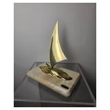 Mid Century Bijan Brass Sailboat Sculpture on Faux Marble Base