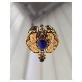 Gold Victorian Revival Brooch Pendant with Blue Cabochon and Seed Pearls 17 Grams