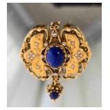 Gold Victorian Revival Brooch Pendant with Blue Cabochon and Seed Pearls 17 Grams