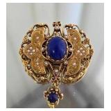 Gold Victorian Revival Brooch Pendant with Blue Cabochon and Seed Pearls 17 Grams