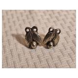 Sterling Silver Sculptural Leaf Motif Earrings with Bead Drop Accents 8 Grams