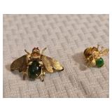 Gold Tone Bee Brooch and Matching Stick Pin with Green Cabochon Accents Costume Jewelry Set
