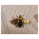 Gold Tone Bee Brooch and Matching Stick Pin with Green Cabochon Accents Costume Jewelry Set