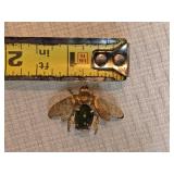 Gold Tone Bee Brooch and Matching Stick Pin with Green Cabochon Accents Costume Jewelry Set