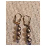 Sterling Silver Leverback Drop Earrings with Gray Pearls and Faceted Lavender Accent Beads 3 Grams