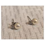 Sterling Silver Pearl and Diamond [CHECK] Accent Stud Earrings 2 Grams