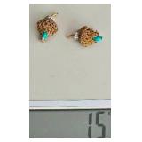 18K Yellow Gold Thistle Earrings with Turquoise and Diamond Accents ~ 15g