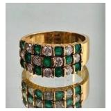 18K Gold Diamond and Emerald Checkerboard Ring by J. Cooper ~ 6g, size 6.5