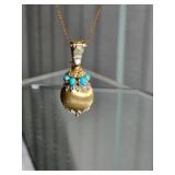 18K Yellow Gold Pendant Enhancer with Turquoise Halo ~ 7g