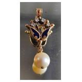 Vintage Edwardian Blue Enamel Pendant with Diamond Accents and Dangling Pearl