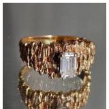 14K Gold Brutalist Diamond Solitare Cocktail Ring ~ 6g, size 8.5