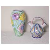 Hand Painted Italian Ceramic Vase and Double Spout Basket Form Vase