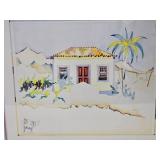 Orginal Signed Titi Becaud Artwork Beach House French Polynesia, 1984