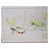 Orginal Signed Titi Becaud Artwork Fishing Boat French Polynesia, 1984