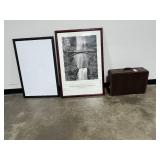 Framed Multnomah Falls Oregon Print, Large Black Frame, and Vintage Suitcase