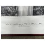 Framed Multnomah Falls Oregon Print, Large Black Frame, and Vintage Suitcase
