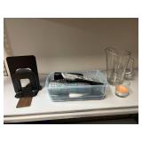 Mixed Home and Office Accessories Lot with Remotes, Bookends, Pitcher, and Candle