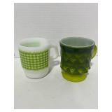 2 Vintage Fire King Anchor Hocking Mugs: Green Kimberly and Green Gingham