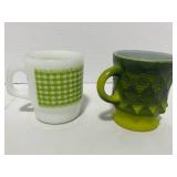 2 Vintage Fire King Anchor Hocking Mugs: Green Kimberly and Green Gingham
