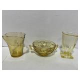 Vintage 3 Spout Amber Measuring Cup, Amber Sugar Dish and Yellow Parfait Glass