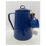 Cute Blue Enamel Ware Coffee Pot w Cup Some Rust
