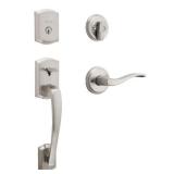 Kwikset Prescott Single Cylinder Door Handleset w/Sedona Handle featuring SmartKey Security in Satin Nickel