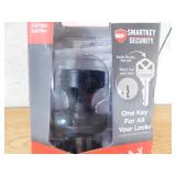 Kwikset Pismo Round Matte Black Exterior Entry Door Knob Featuring SmartKey Security with Microban Antimicrobial Technology