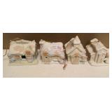 Precious Moments Vintage Ornaments "Chapel" Item#528021, "Trainstation" Item#184101, "House" Item#150231, and "Chapel" Item#530484