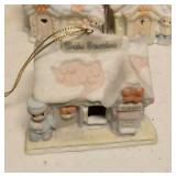 Precious Moments Vintage Ornaments "Chapel" Item#528021, "Trainstation" Item#184101, "House" Item#150231, and "Chapel" Item#530484