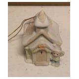 Precious Moments Vintage Ornaments "Chapel" Item#528021, "Trainstation" Item#184101, "House" Item#150231, and "Chapel" Item#530484