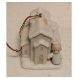 Precious Moments Vintage Ornaments "Chapel" Item#528021, "Trainstation" Item#184101, "House" Item#150231, and "Chapel" Item#530484