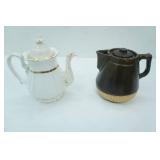 Antique Stoneware Coffee Pot & White Porcelain Teapot w/gold trim
