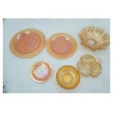 Vintage depression glass including translucent divided dish, serving platter, Fenton Marigold Carnival glass and more.