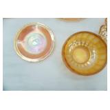 Vintage depression glass including translucent divided dish, serving platter, Fenton Marigold Carnival glass and more.