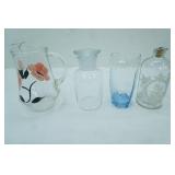 water glass, vintage water pitcher with floral pattern, etched glass apothecary bottle with metal cork stopper