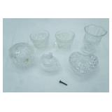 pressed glass tea cups, ring jars, goblet