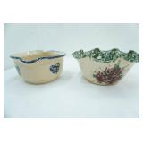 Marshall Pottery heart-shaped stoneware with spongeware design, East Texas stoneware bowl with green spongeware and fluted design