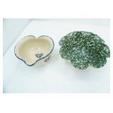 Marshall Pottery heart-shaped stoneware with spongeware design, East Texas stoneware bowl with green spongeware and fluted design