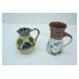 Vintage Hand-Thrown Stoneware Pottery Pitcher w/Iris Flowers, Roseville Alpine Pottery Spongeware Pitcher